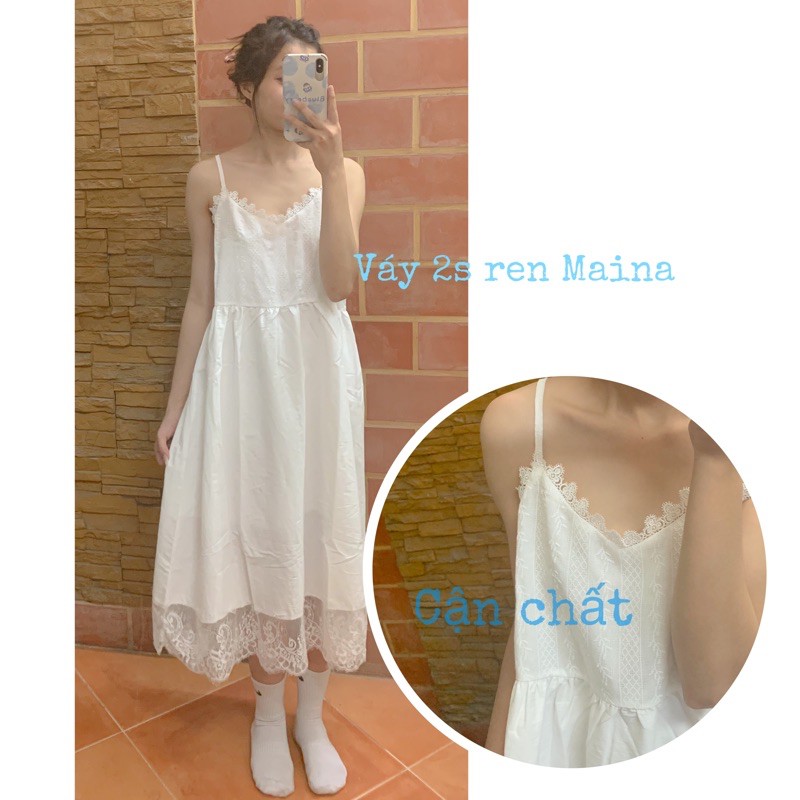 Váy hai dây babydoll viền ren - Đầm xòe 2 dây trắng Maina