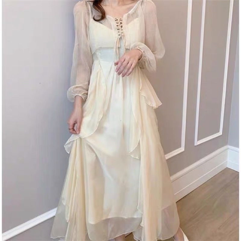 CÓ SẴN Váy🎀Đầm maxi voan tơ 2dây+áo khoác cardigan xoè tầng đi biển du lịch/Váy công chúa ulzzang tiểu thư bồng bềnh | BigBuy360 - bigbuy360.vn