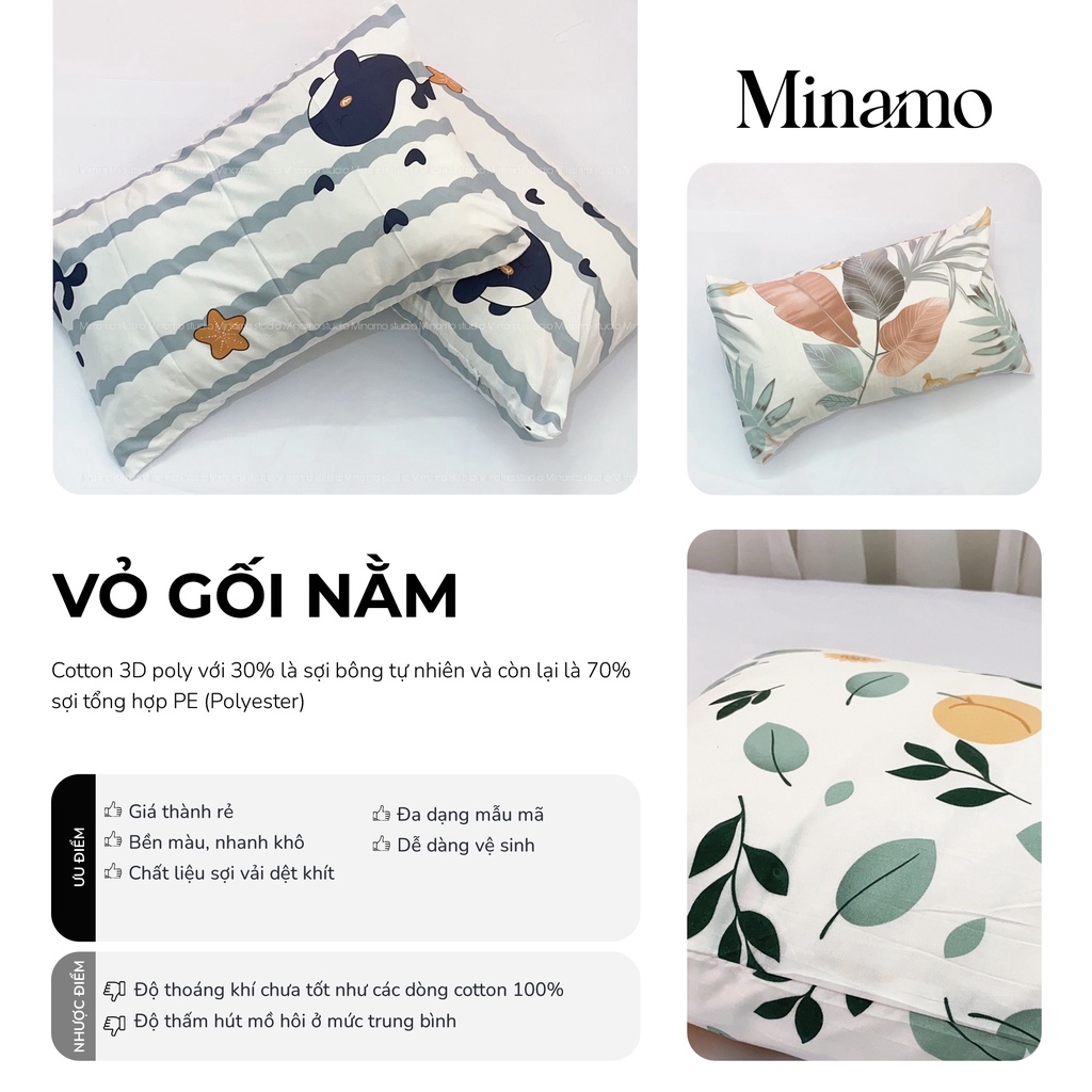 Set 2 Vỏ Gối Nằm Cotton 3D Minamo A001 Cao Cấp, Đa Dạng Mẫu Mã, Mềm Mại, Thoáng Mát - Bảo Hành Chính Hãng Minamo