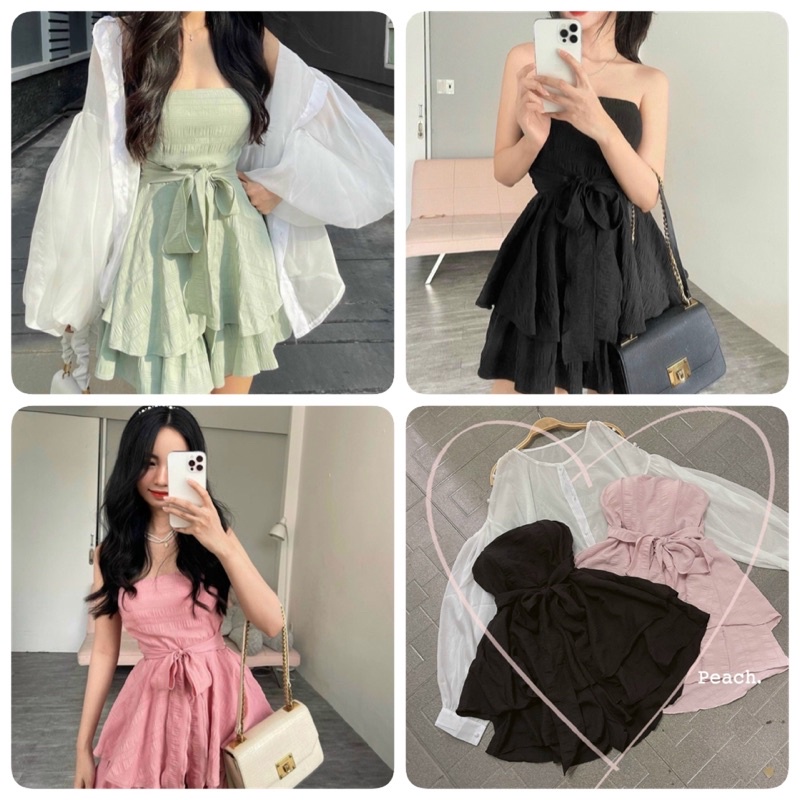 🆕🆕🆕 Set đầm cúp xanh mint + áo khoác trắng Freesize