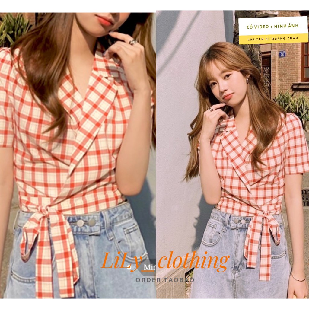 dáng croptop cổ vest thắt nơ lệch, caro màu cam trẻ trung taobao A95