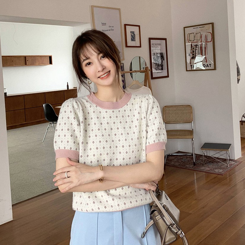 Áo Dệt Kim Tay Ngắn Cổ Tròn Thời Trang Mùa Thu Cho Nữ