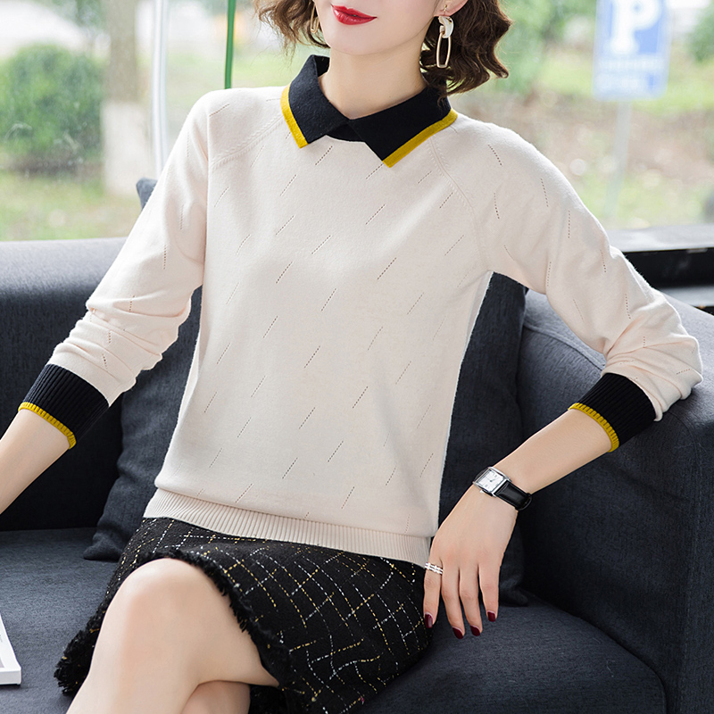 Áo sweater mỏng tay dài cổ bẻ form rộng màu sắc tương phản