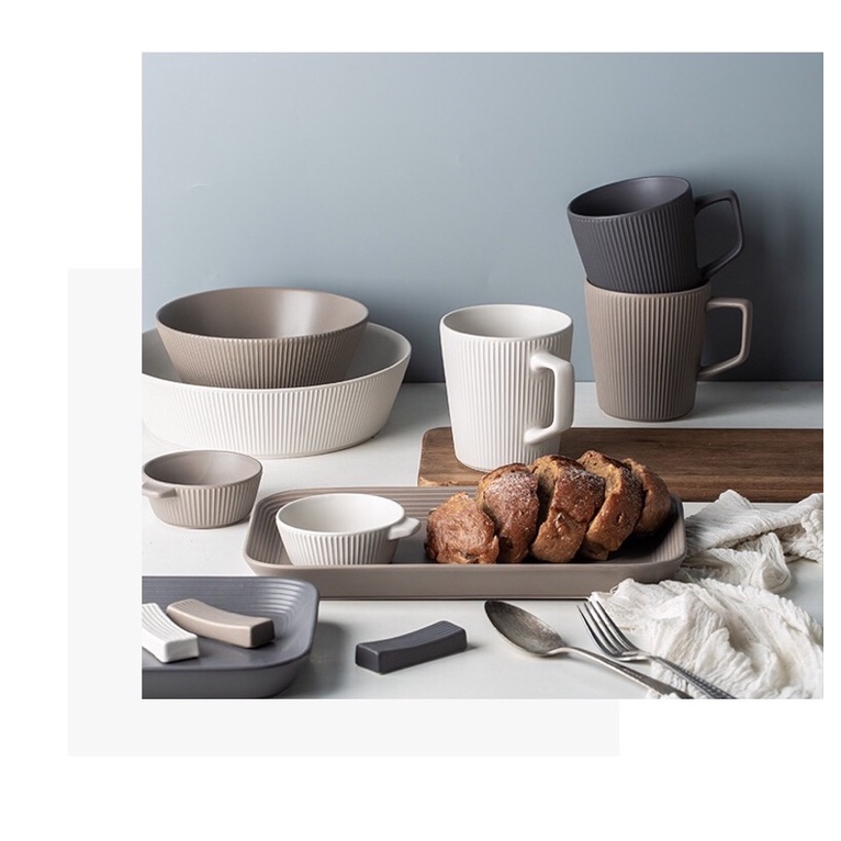 Bộ bát đĩa vân sọc mix màu xám cafe phong cách Bắc Âu sang trọng