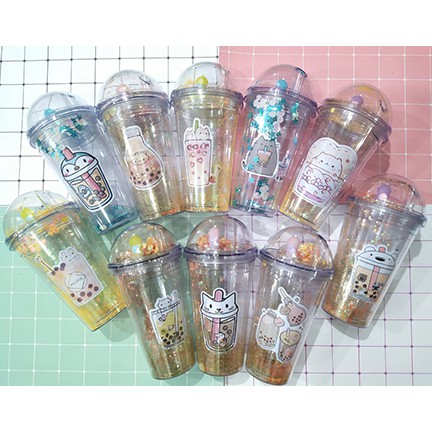 cốc 2 lớp kim tuyến trà sữa khủng long CNCKI20 cốc giữ nhiệt boba tea cốc làm lạnh dễ thương 500ml