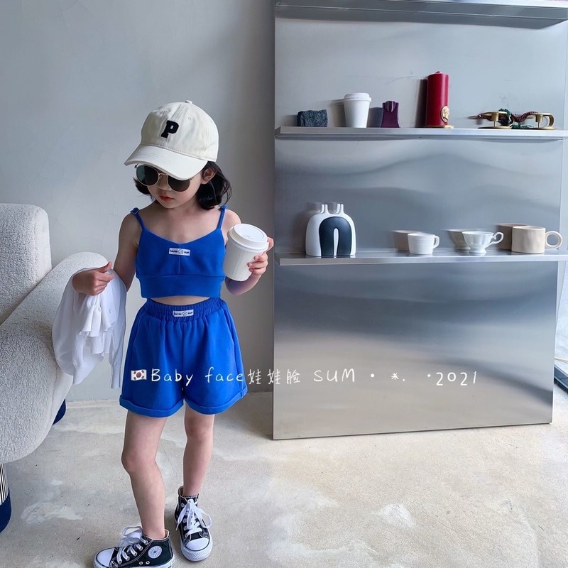 Set Áo Thun Hai Dây Và Quần Short Thời Trang Thể Thao Cho Bé Gái
