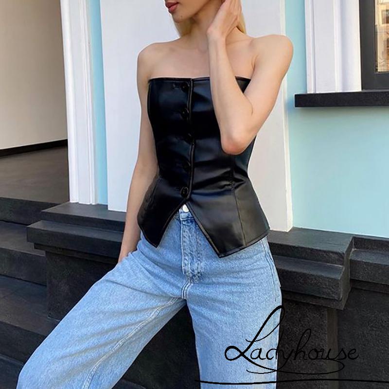 Áo corset da PU không dây cài nút màu trơn thời trang quyến rũ cho nữ