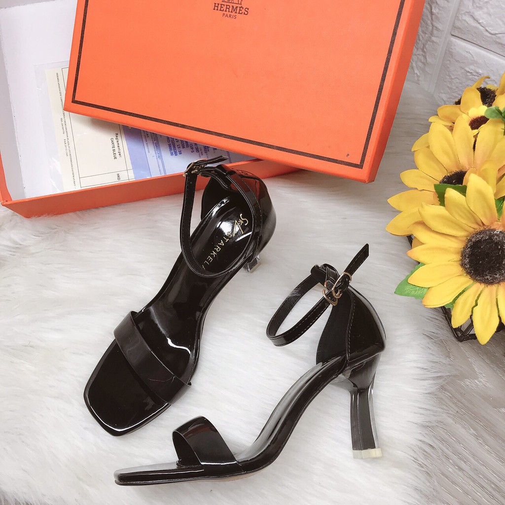 Giày sandal cao gót 5cm, quai meka 2 màu hồng trà và đen gót nhọn siêu đẹp cho nữ công sở - Hàng loại 1 - mã S38