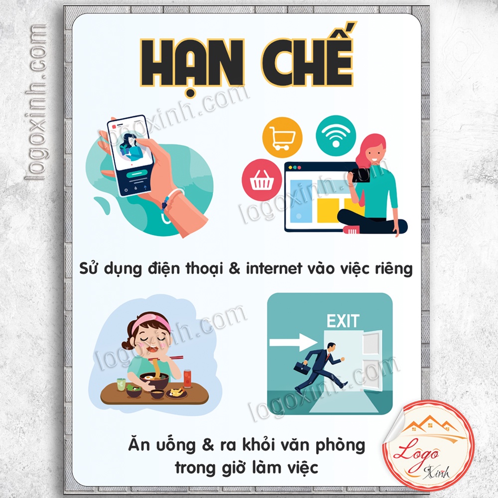 LOGO TEM STICKER NHẮC NHỞ NHỮNG VIỆC HẠN CHẾ TRONG GIỜ LÀM VIỆC NƠI CÔNG SỞ, QUY TRÌNH QUY CHẾ VÀ NỘI QUY TRONG CÔNG TY