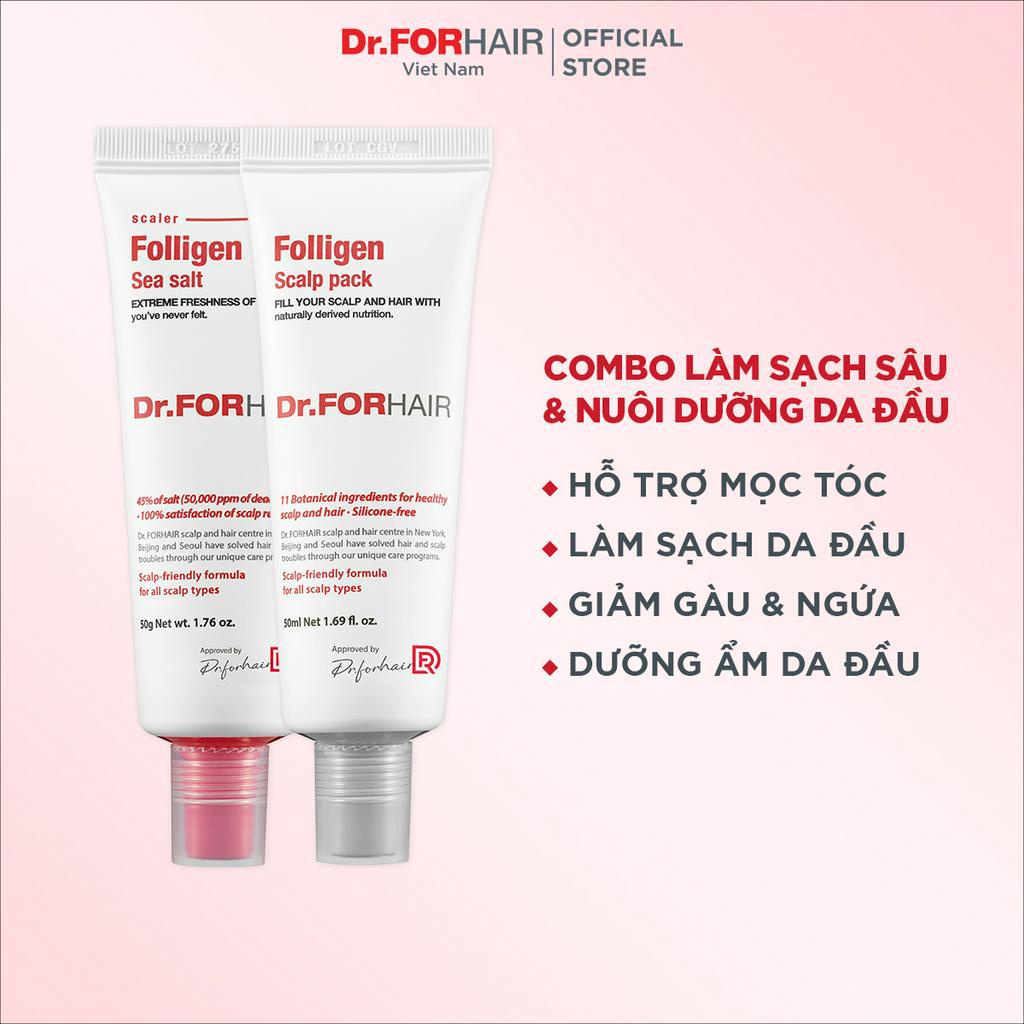 Bộ muối tẩy tế bào chết da đầu và dầu xả dưỡng tóc Dr.FORHAIR Folligen Scalp Pack 50ml và Sea Salt Scaler 50g
