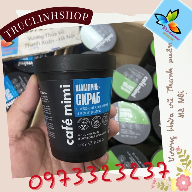 Dầu gội tẩy da chết Cafe Mimi Shampoo Deep cleansing  Hair growth màu xanh dương cho tóc thường,khô yếu rụng 330 ml