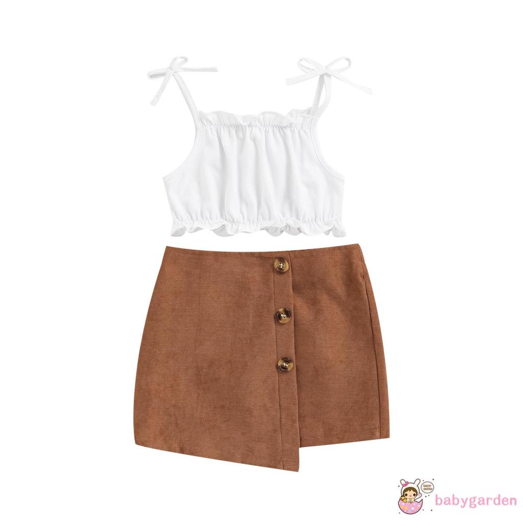 Bộ áo hai dây + chân váy mini co giãn màu nâu cho bé gái