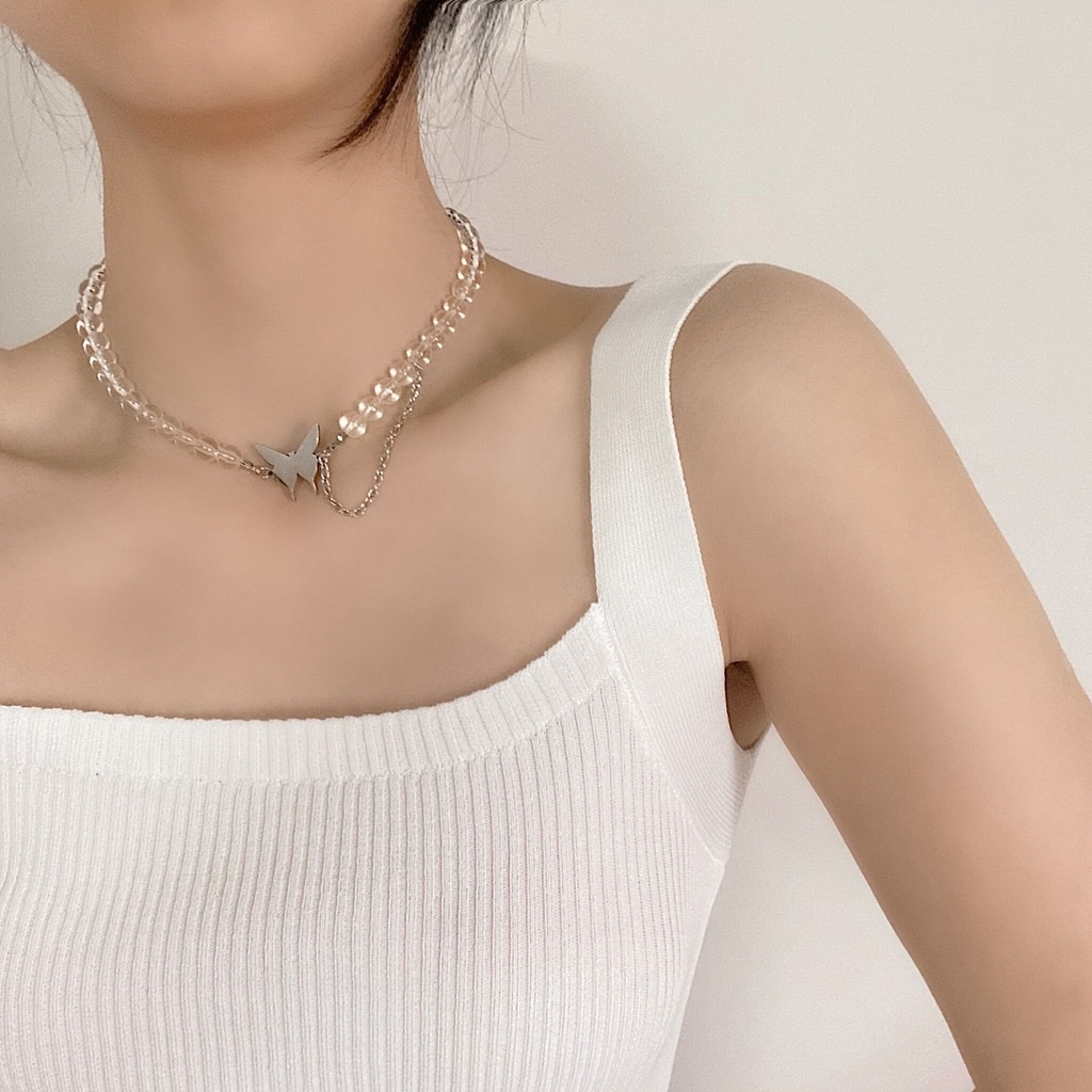 Vòng cổ Chuỗi Hạt Tròn Trong Suốt Mặt Hình Bướm Thời Trang Cho Nữ