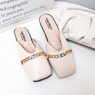 Giày sục nữ mũi vuông móc khóa xinh mẫu mới 4 mùa dễ đi da mềm êm màu đen/kem đi làm đi chơi đế bệt