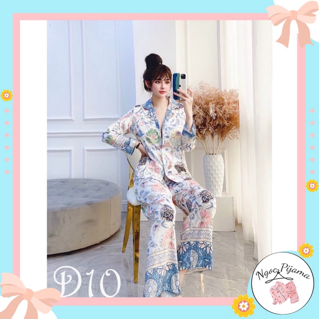 Đồ bộ ngủ nữ pijama XM lụa latin dài tay họa tiết