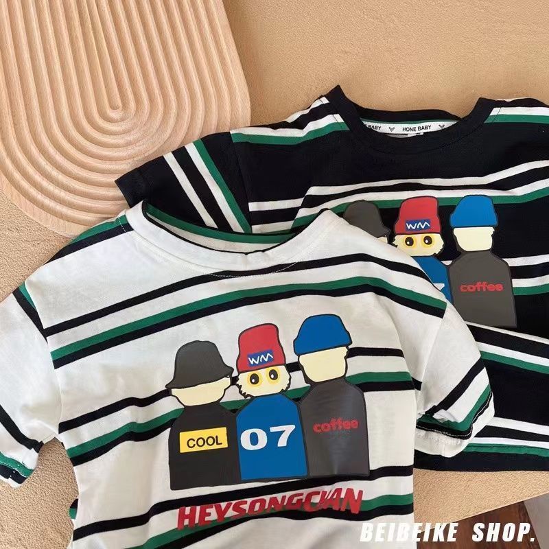 [Hàng Sẵn Sàng!!]Áo Thun Cotton Ngắn Tay Họa Tiết Hoạt Hình Kẻ Sọc Nhiều Màu Thời Trang Mùa Hè Cho Bé Trai