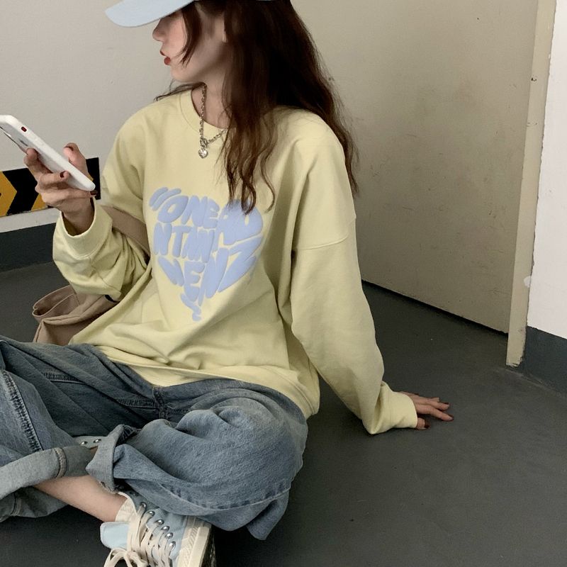 Áo Khoác Sweater Cổ Tròn Tay Dài Dáng Rộng In Hình Trái Tim Kiểu Vintage Hàn Quốc Thời Trang 2022