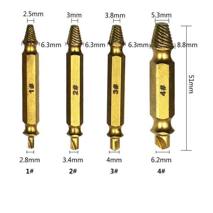 Bộ 4 Mũi khoan taro ren trái, mũi tháo vặn vít gãy, vít toét màu vàng có hộp đựng Voto