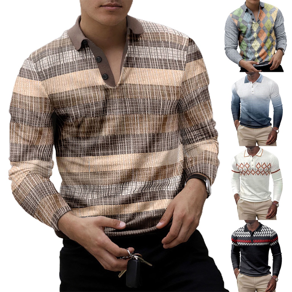 Áo Sơ Mi Tay Dài Cổ Bẻ Dáng Ôm In Họa Tiết Thổ Cẩm Kiểu Vintage Cho Nam