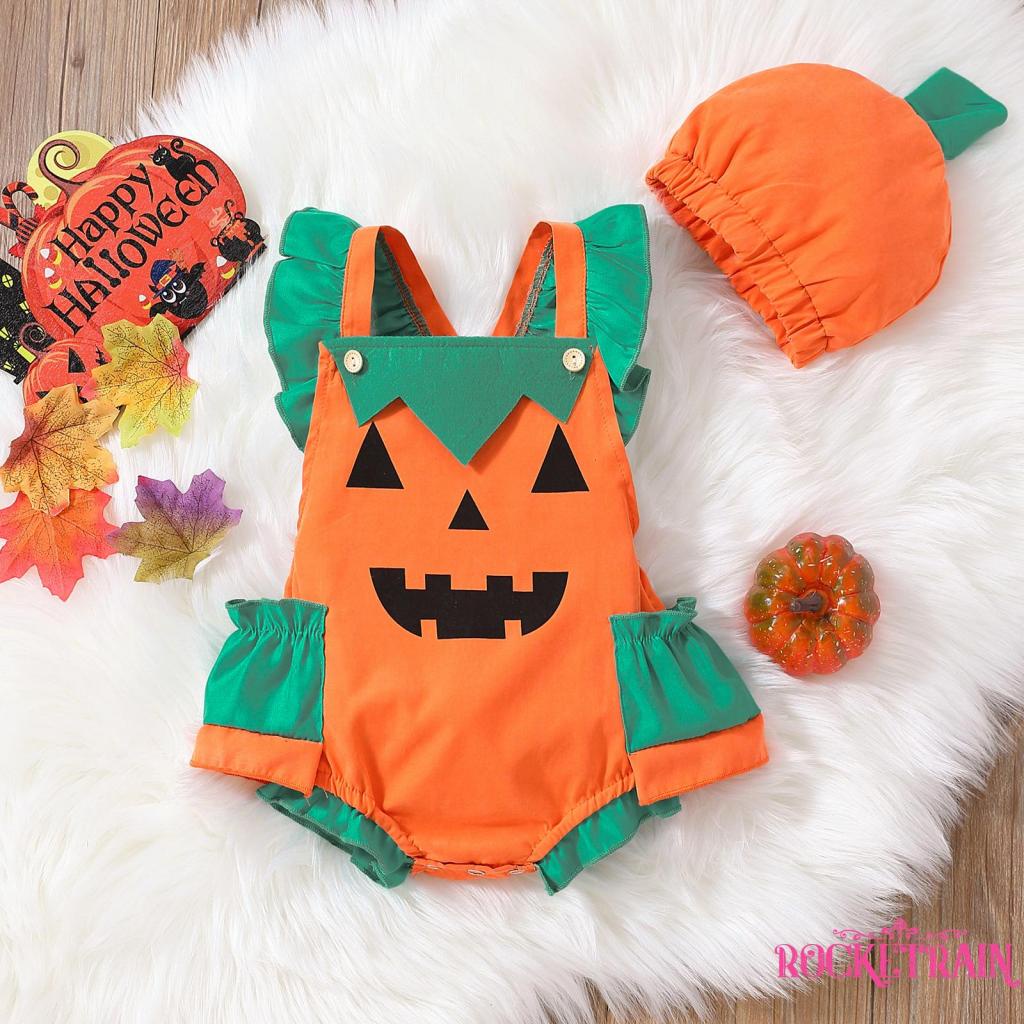 Bộ Áo Liền Quần Cổ Vuông In Họa Tiết Bí Ngô + Nón Thời Trang Cho Bé Trai Và Gái 0-24 Tháng Tuổi