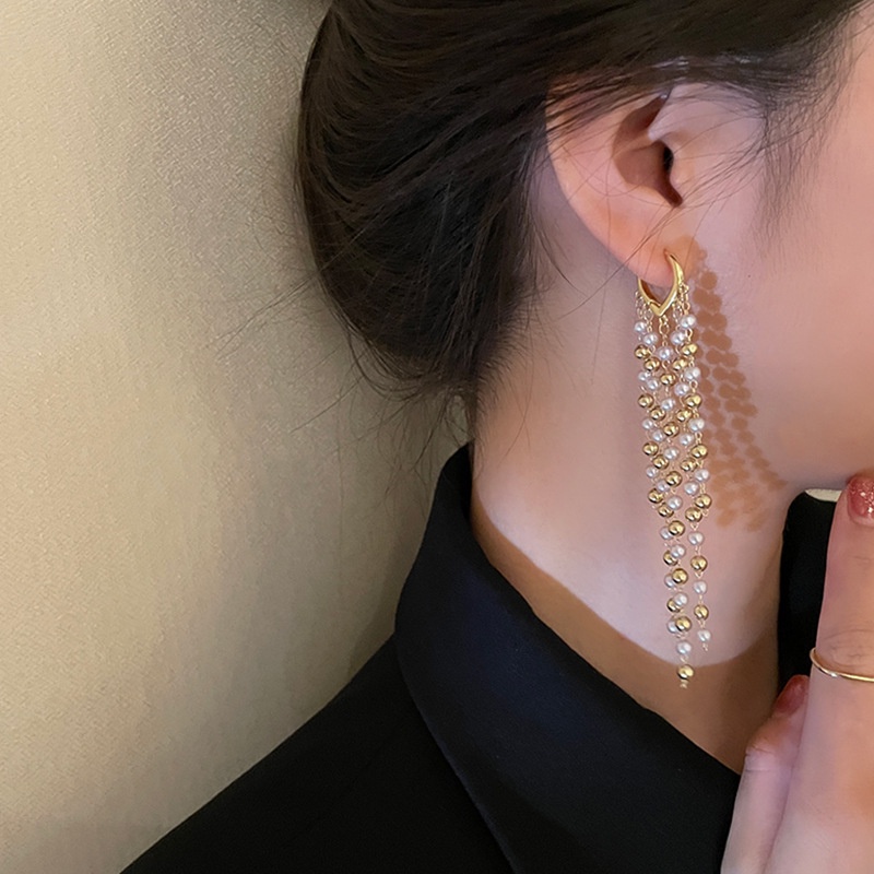 Bông Tai Tua Rua Dài Đính Ngọc Trai Thời Trang Cho Nữ