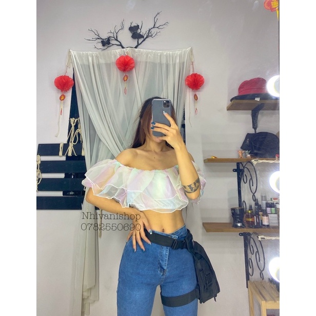 áo trễ vai voan kính cầu vồng sang chảnh ( áo croptop cầu vồng )