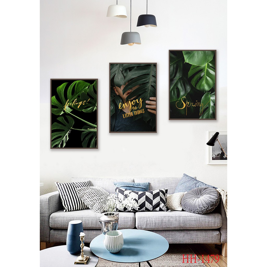 Bộ 3 Tranh Treo Tường 3 Lá Xanh - Tranh canvas treo tường giá rẻ - Tặng kèm đinh 3 chân không cần khoan tường