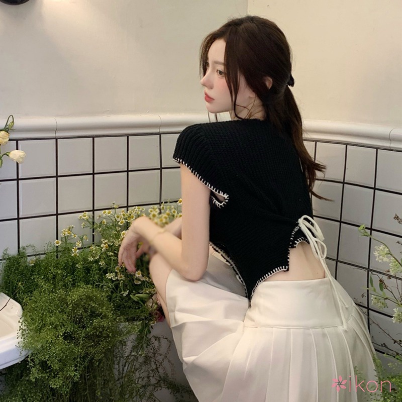 Áo Croptop Dệt Kim Tay Ngắn Thiết Kế Dây Đan Lưng Phong Cách Hàn Quốc