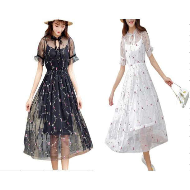 Đầm Midi Nữ Tay Ngắn Phối Ren Hoa Chất Lượng Cao