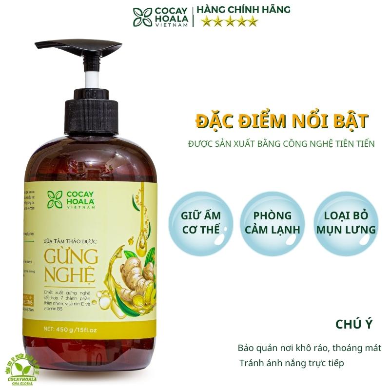 Sữa Tắm Gừng Nghệ Cocayhoala Sữa Tắm Thảo Dược Cỏ Cây Hoa Lá sáng da ngừa thâm hết mụn lưng giữ ấm cơ thể Chai 300g 450g