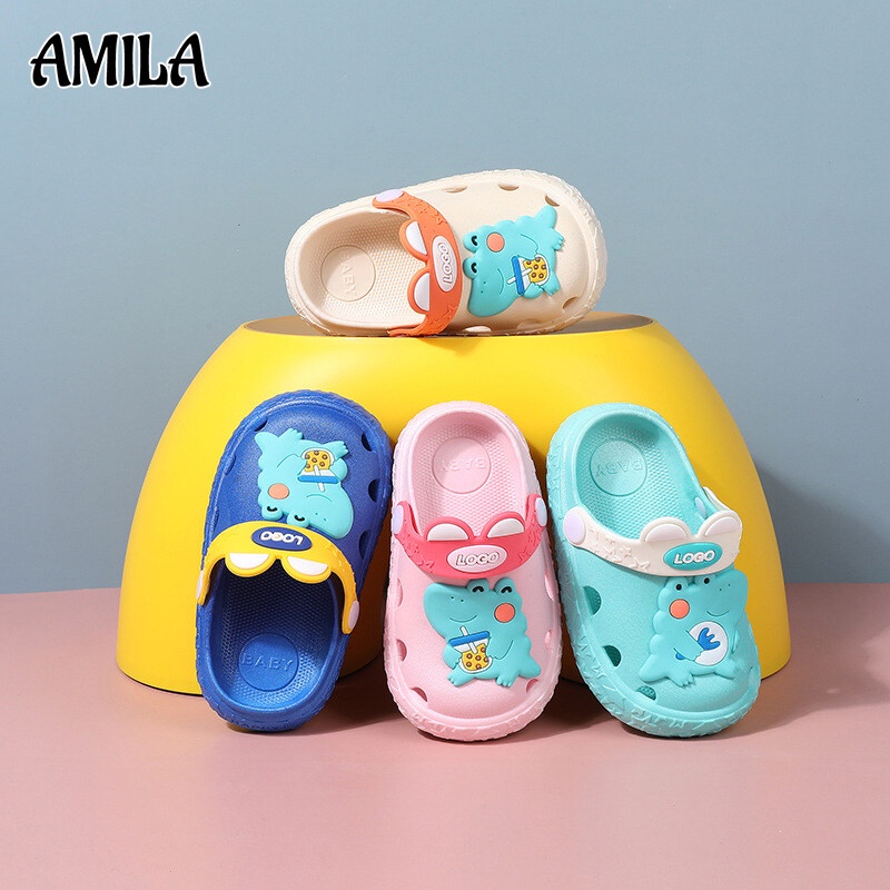 Dép crocs AMILA bít mũi đục lỗ chống trượt in hình khủng long hoạt hình cho bé