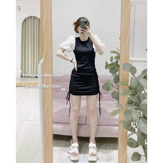 Đầm Nữ Body Cổ Tròn Tay Phồng Phối Voan Cực Xinh Họa Tiết Rút Dây Bên Sườn Dễ Thương  - Winchois
