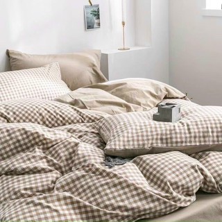 Bộ chăn ga gối drap giường chất cotton poly họa tiết kẻ caro be