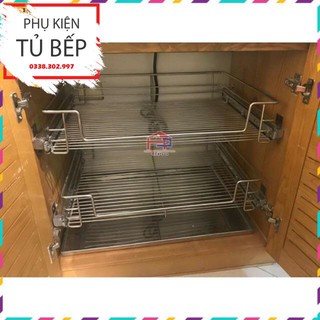 Giá để xoong nồi 2 tầng và khay nước, ray trượt bằng inox 304 cao cấp trọn bộ lắp tủ bếp