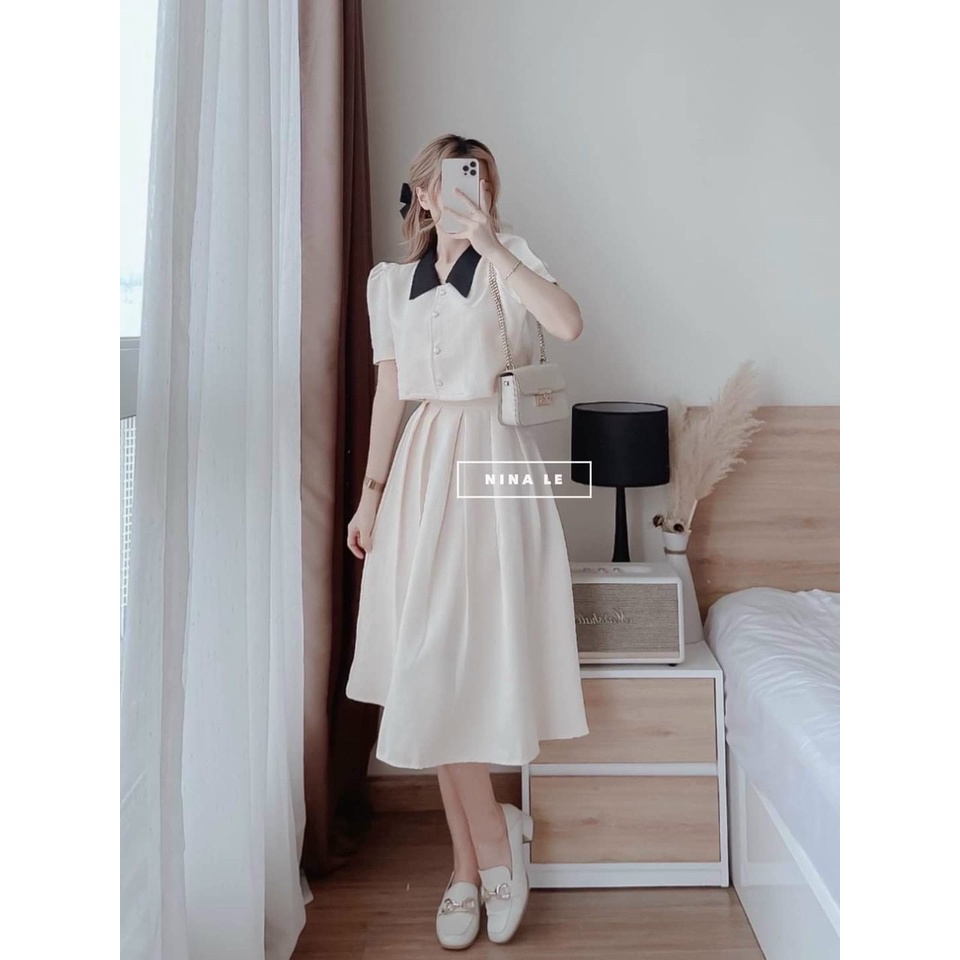 Set bộ đi chơi nữ set áo cổ đen cài nút thật kèm chân váy xòe dài xếp ly siêu xinh và dễ thương thời trang Bella