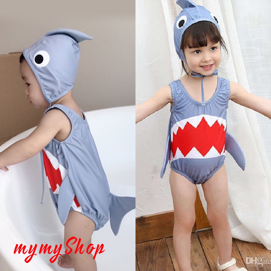 Đồ bơi trẻ em Hình Cá Mập Có Vây kèm mũ/nón đáng yêu, Đủ 3 màu cute cho bé