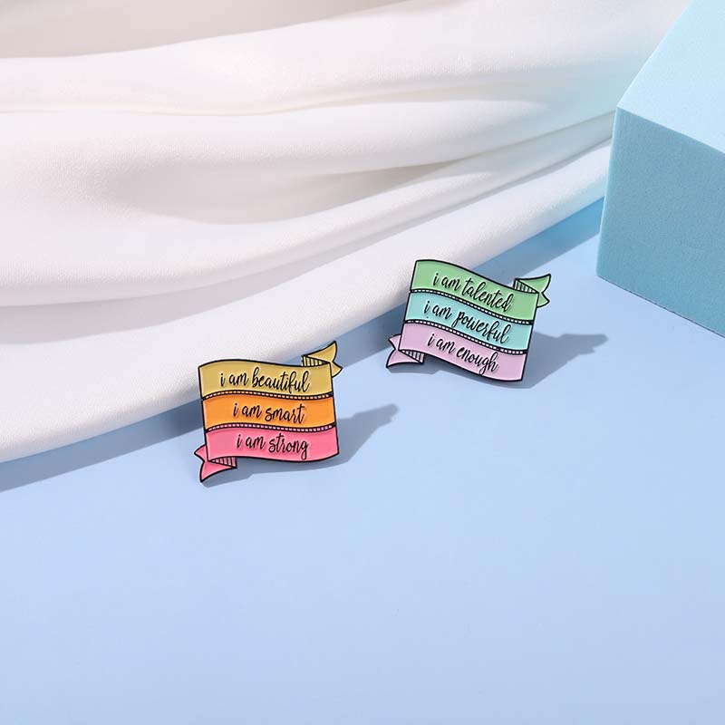 Ghim cài áo QIHE JEWELRY tráng men họa tiết chữ I am Beautiful cá tính