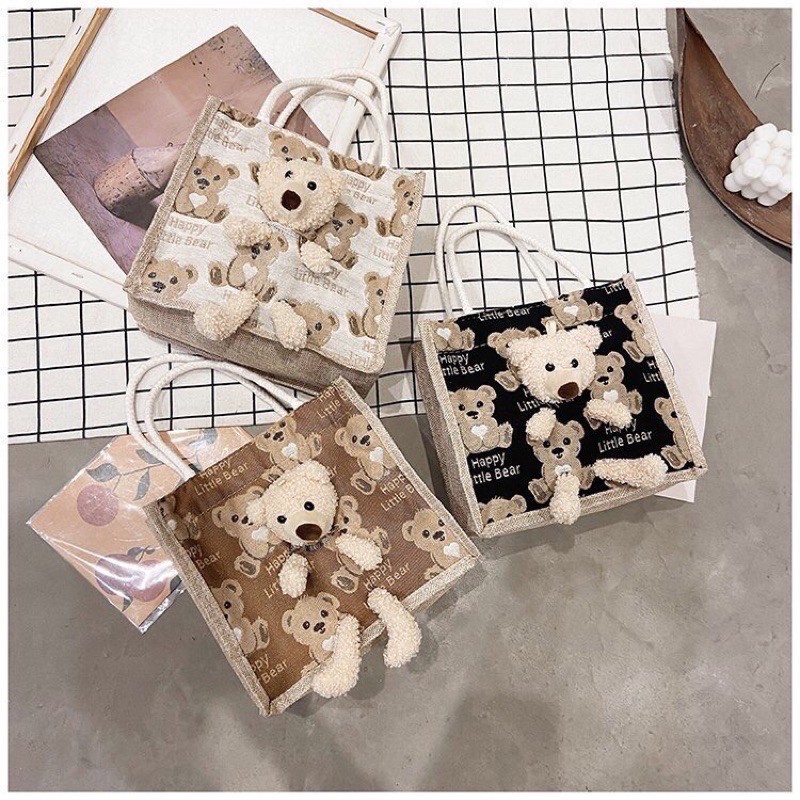 Túi cối mini size 21 kèm gấu teddy- có khoá - phong cách vintage(gấu 02)