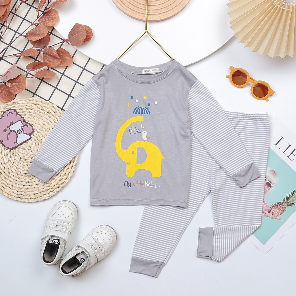 [Bé 7-27kg] Bộ Dài tay Thun Lạnh Ráp Lăng Phối Tay Sọc Dệt In Hình Mềm Mịn Mát In Hình Cho Bé Trai, Bé Gái