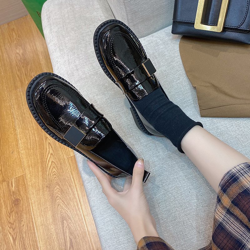 Giày Oxford Da Bóng Đế Dày Phối Khóa Kim Loại Màu Trơn Phong Cách Retro Cho Nữ