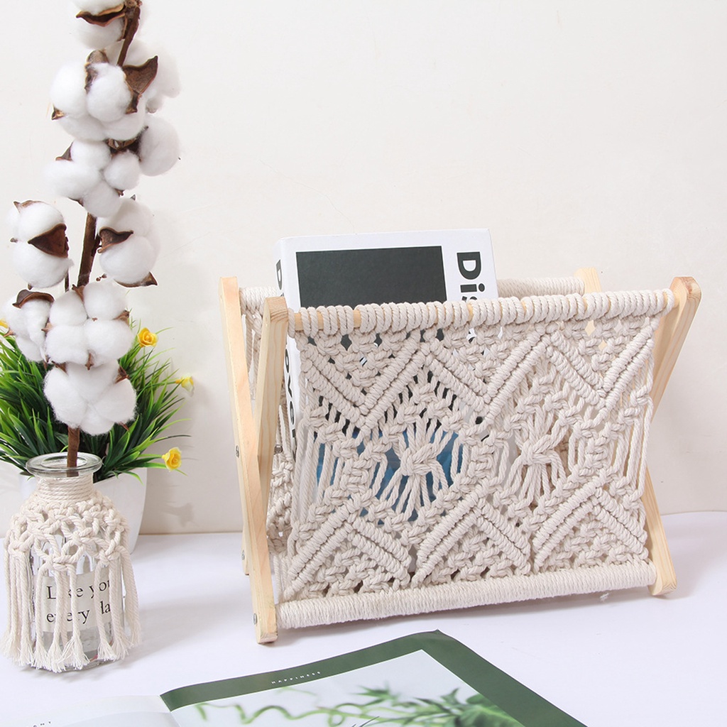 Cadiz* Storage Rack Nice-looking Elegant Decorative Foldable Wooden Cotton Rope Book Shelf Rack for Household