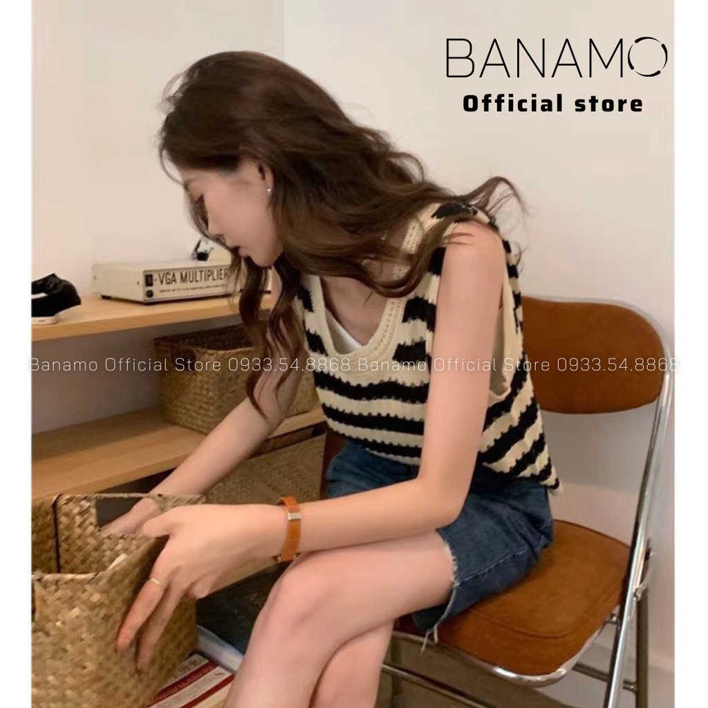 Áo len nữ kẻ ngang ba lỗ form rộng phong cách hàn quốc siêu đẹp thời trang Banamo Fashion áo len kẻ ba lỗ 3417