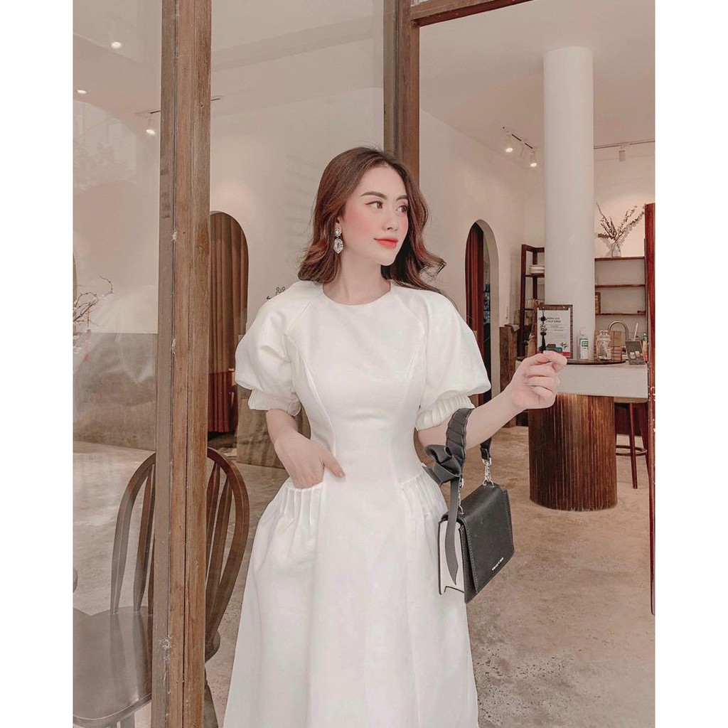 (Ship 24h) Đầm Cổ Tròn Túi Xếp