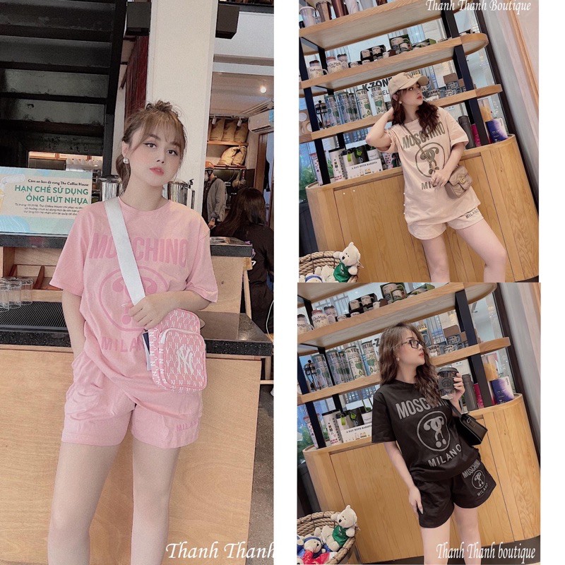 Bộ mặc nhà cotton bộ hoạt hình  bộ moschino dáng áo rộng quần cộc hot