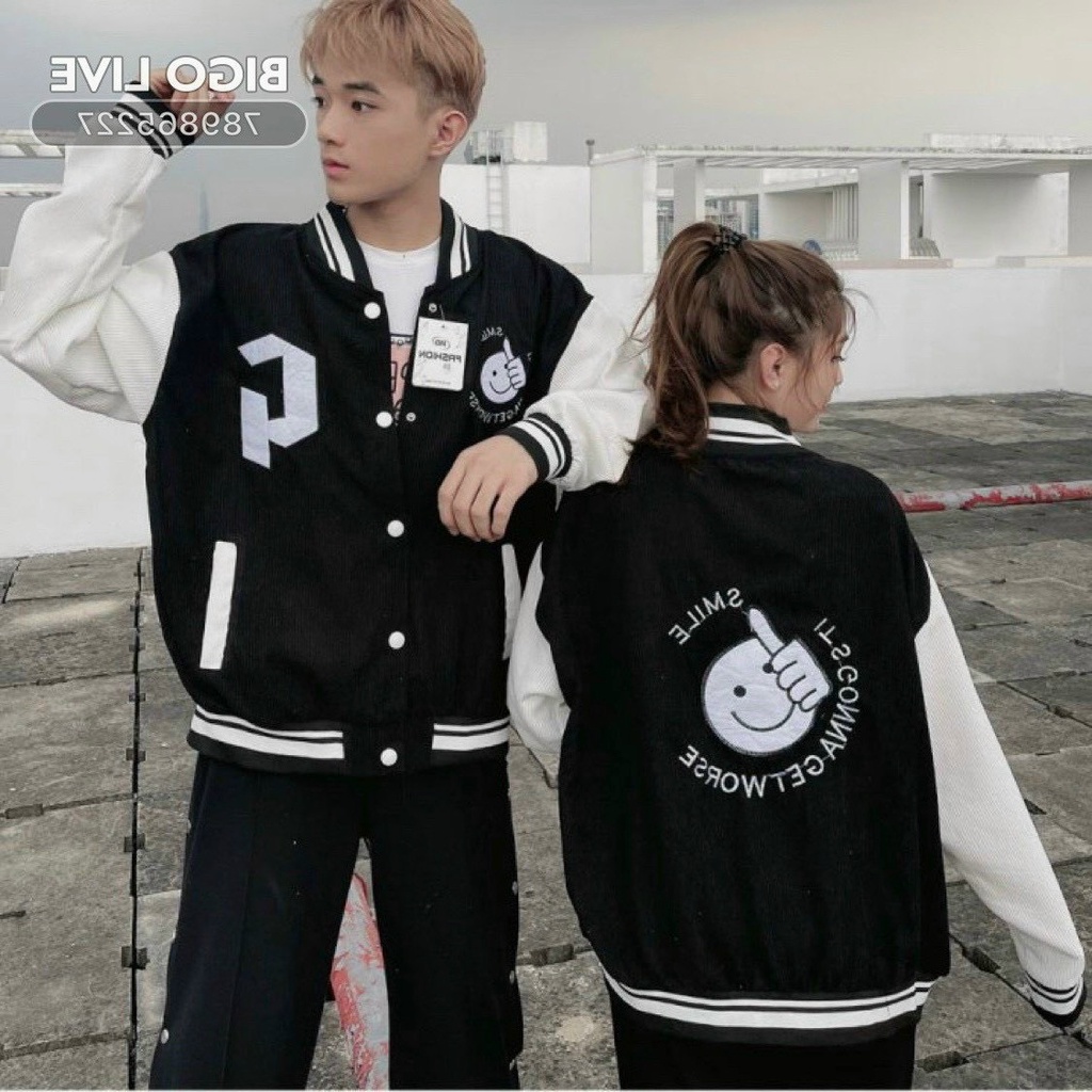 Áo Khoác Bomber nam nữ chất Nhung Tăm 2 Lớp Thêu Hình Chữ G Mặt Cười Form Unisex hàng mới