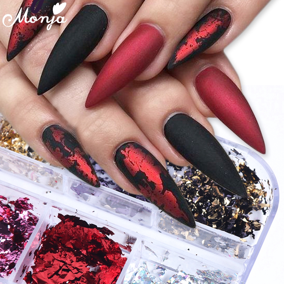 MONJA Hộp Lá Nhôm 12 Ô Nhiều Màu Trang Trí Móng Tay Nghệ Thuật