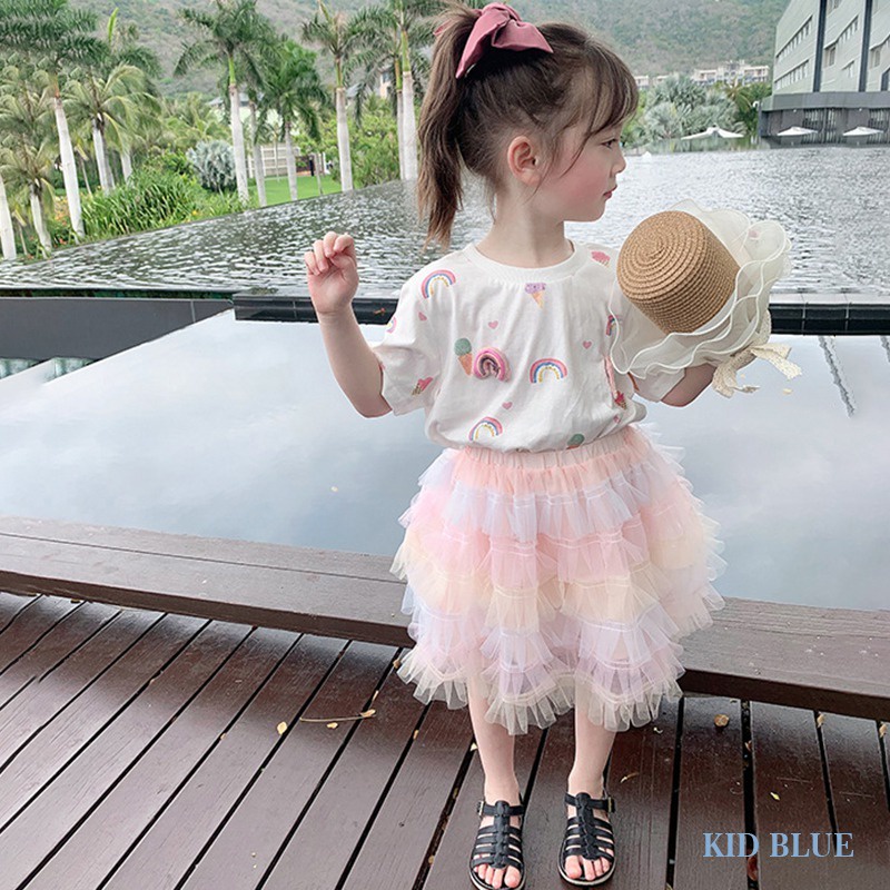 Chân Váy Lưới Màu Sắc Cầu Vồng Xinh Xắn Phong Cách Hàn Quốc Cho Bé Gái