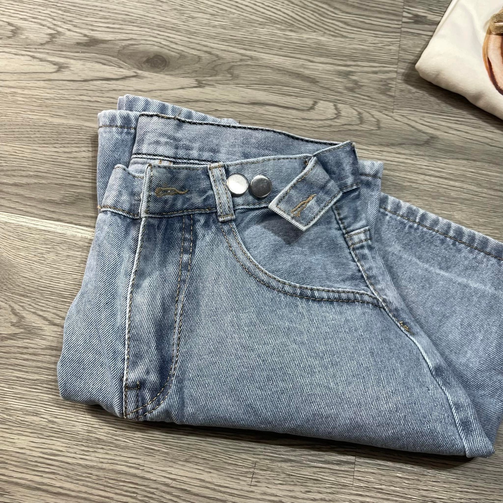 Quần Short Jean Nữ Ống Rộng Lưng Cao, Quần Sọc Jean Đai Nút Chỉnh Eo