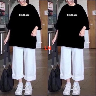 Set đồ nữ,bộ bigsize nữ áo phông sadboiz chữ nhỏ form thụng rộng kèm quần ống rộng trắng mặc nhà đi chơi xinh