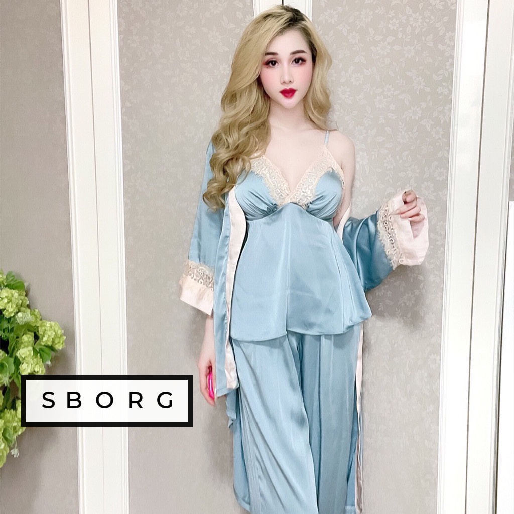 Set đồ ngủ SBORG bộ ngủ lụa latin áo 2 dây mút ngực dún chỉ quần dài viền ren phối áo khoác tay lửng sexy freesize 60kg